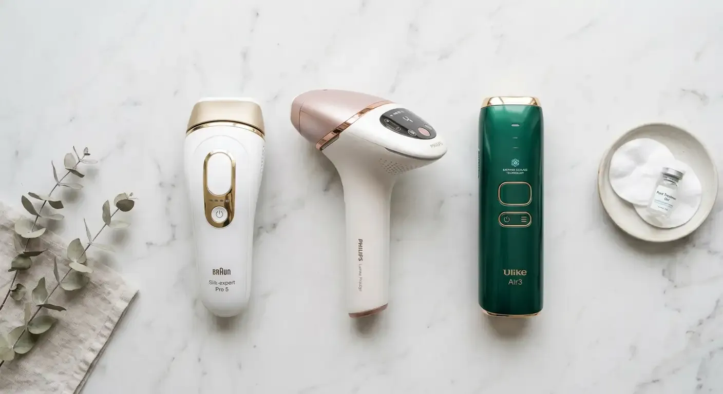 Trei aparate IPL pentru epilare definitivă acasă: Braun, Philips și Ulike pe un blat de marmură