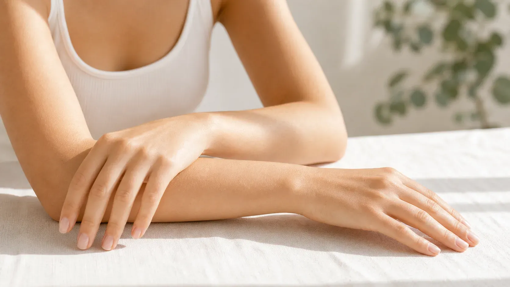 Femeie în maiou alb cu antebrațele încrucișate pe o masă acoperită cu pânză albă, mâinile sprijinite în lumină naturală